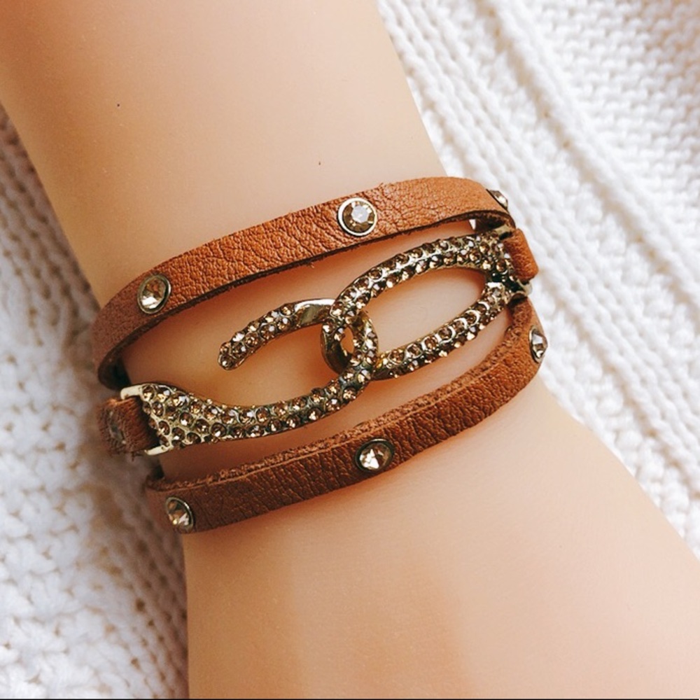 Crystal Studded Hook & Eye Tan Wrap Bracelet